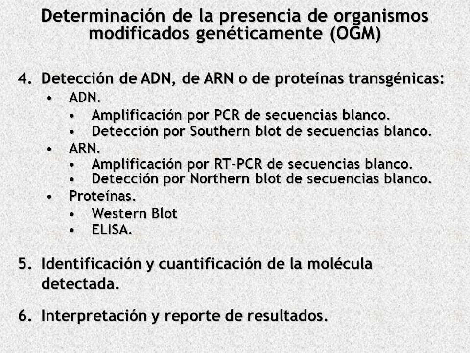 Determinación de la presencia de organismos modificados genéticamente (OGM)
