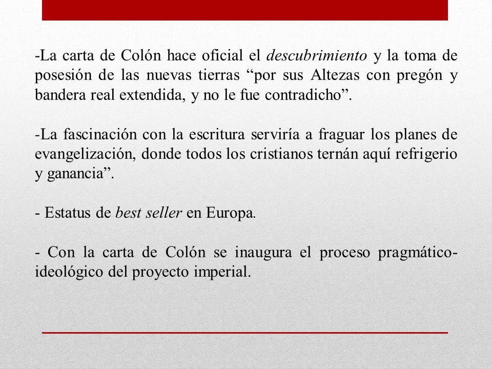 -La carta de Colón hace oficial el descubrimiento y la toma de posesión de las nuevas tierras por sus Altezas con pregón y bandera real extendida, y no le fue contradicho .