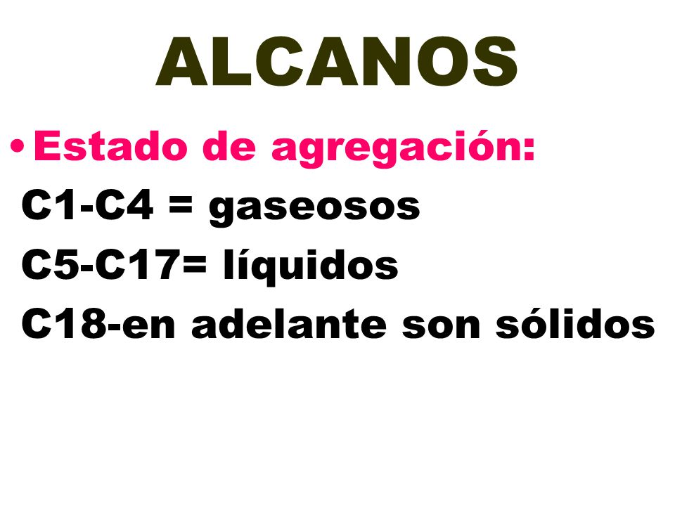 ALCANOS Estado de agregación: C1-C4 = gaseosos C5-C17= líquidos