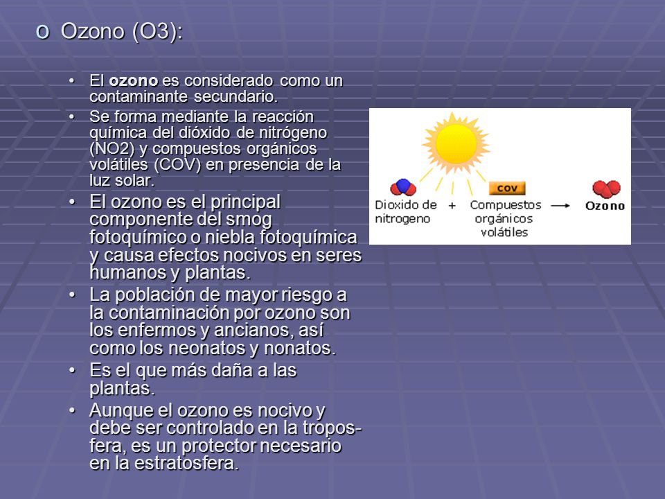 Ozono (O3): El ozono es considerado como un contaminante secundario.