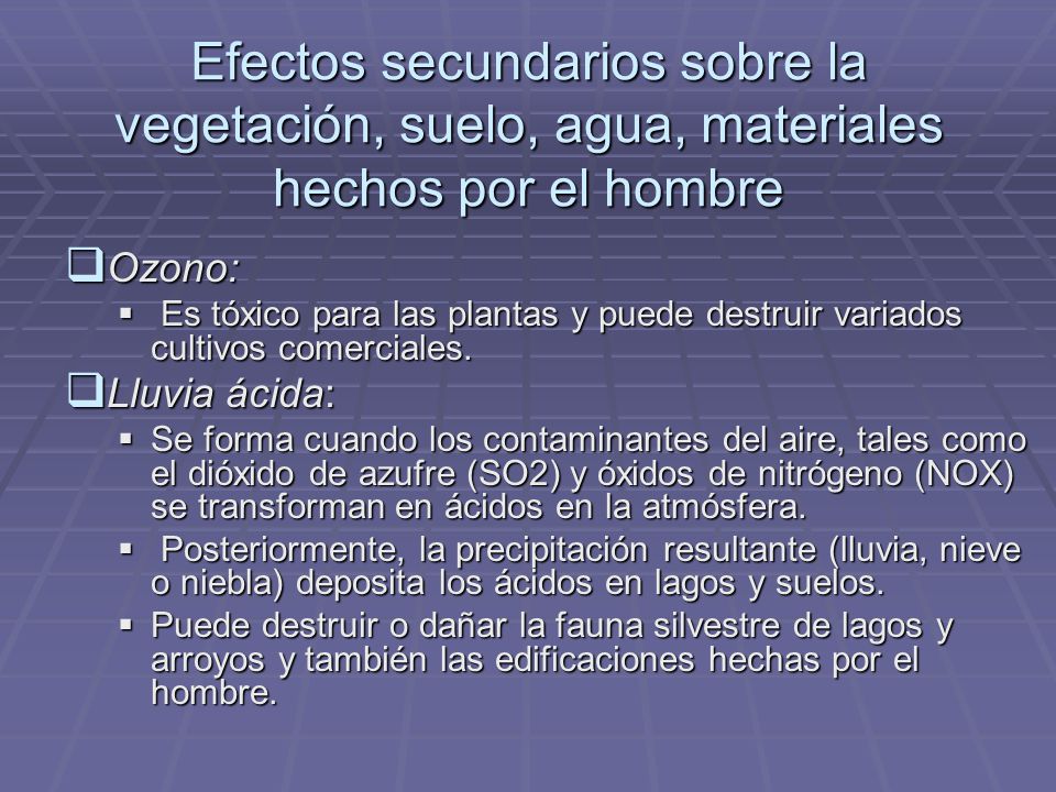 Efectos secundarios sobre la vegetación, suelo, agua, materiales hechos por el hombre