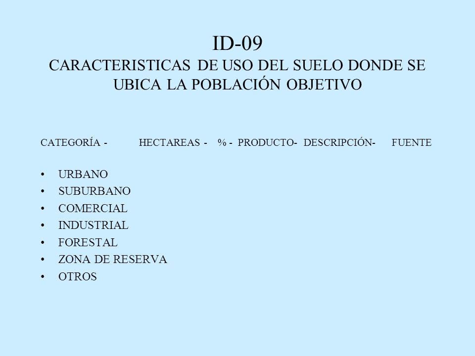 ID-09 CARACTERISTICAS DE USO DEL SUELO DONDE SE UBICA LA POBLACIÓN OBJETIVO