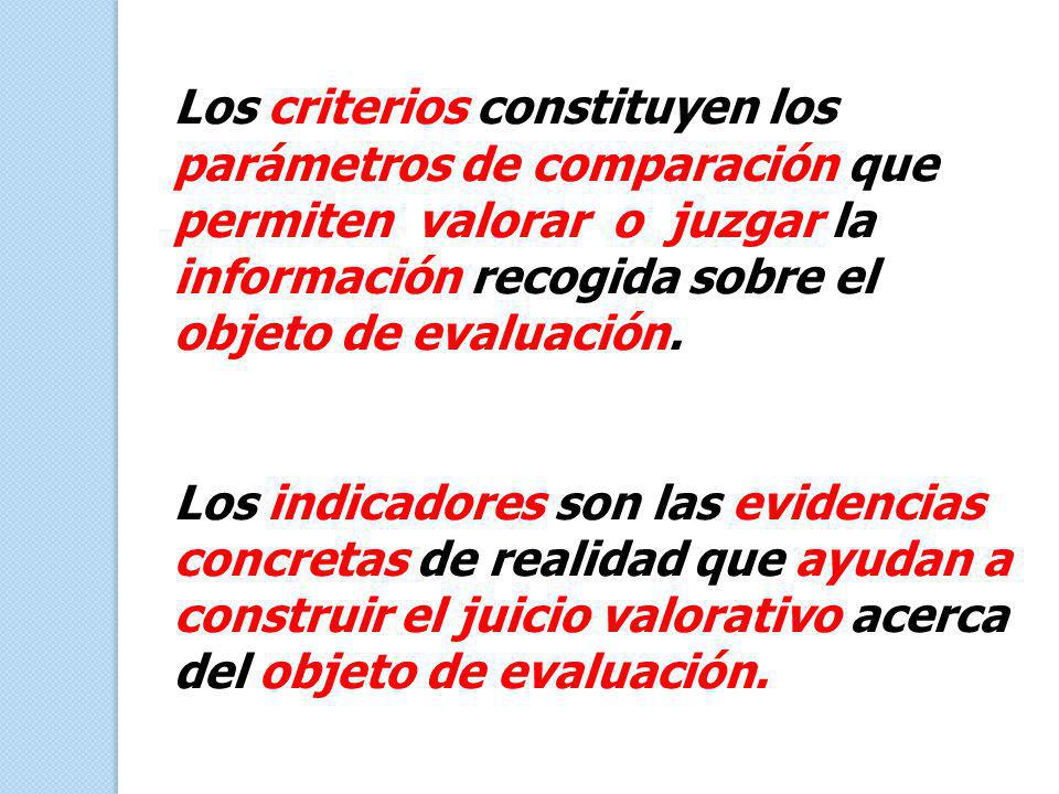 Los criterios constituyen los parámetros de comparación que permiten valorar o juzgar la información recogida sobre el objeto de evaluación.