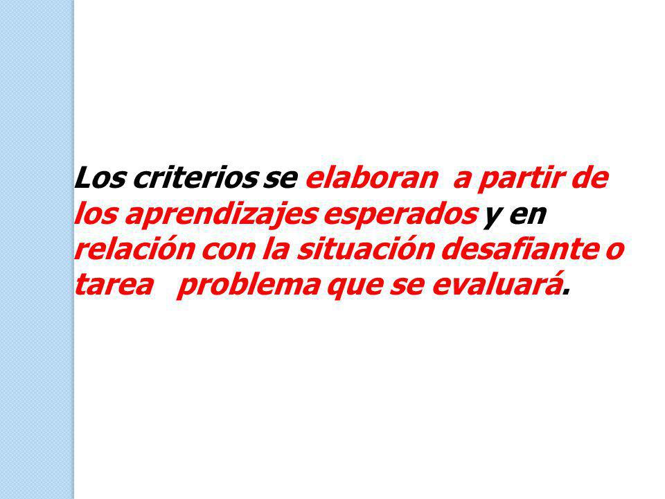 Los criterios se elaboran a partir de los aprendizajes esperados y en relación con la situación desafiante o tarea problema que se evaluará.