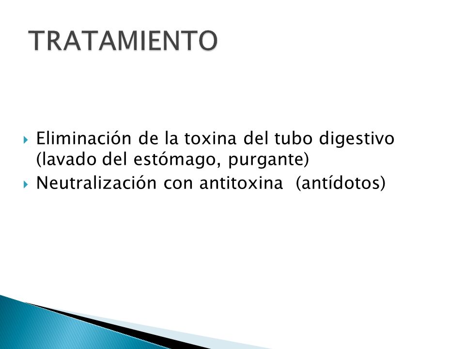 TRATAMIENTO Eliminación de la toxina del tubo digestivo (lavado del estómago, purgante) Neutralización con antitoxina (antídotos)