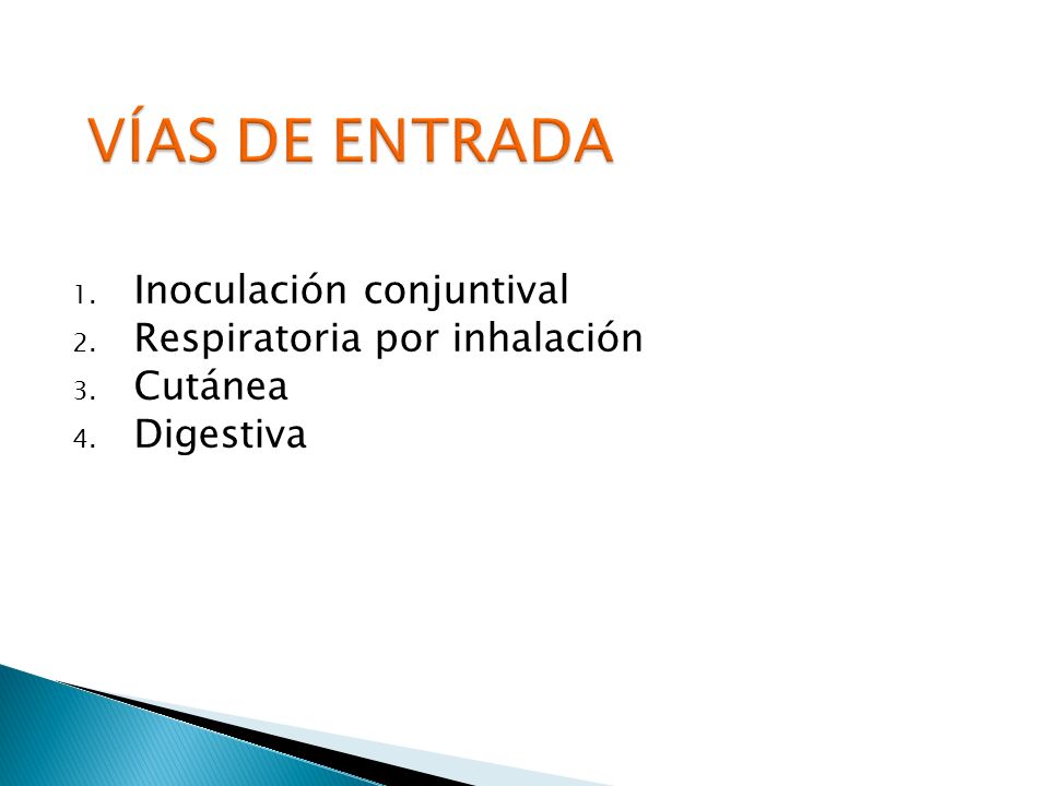 VÍAS DE ENTRADA Inoculación conjuntival Respiratoria por inhalación