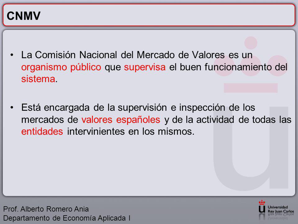 CNMV La Comisión Nacional del Mercado de Valores es un organismo público que supervisa el buen funcionamiento del sistema.