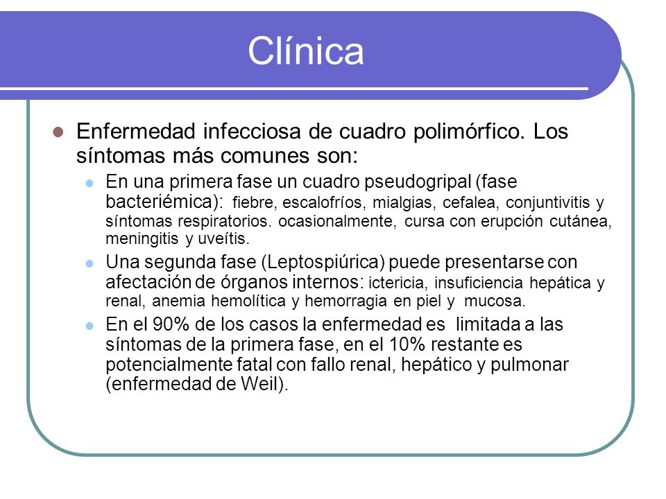 Clínica Enfermedad infecciosa de cuadro polimórfico. Los síntomas más comunes son: