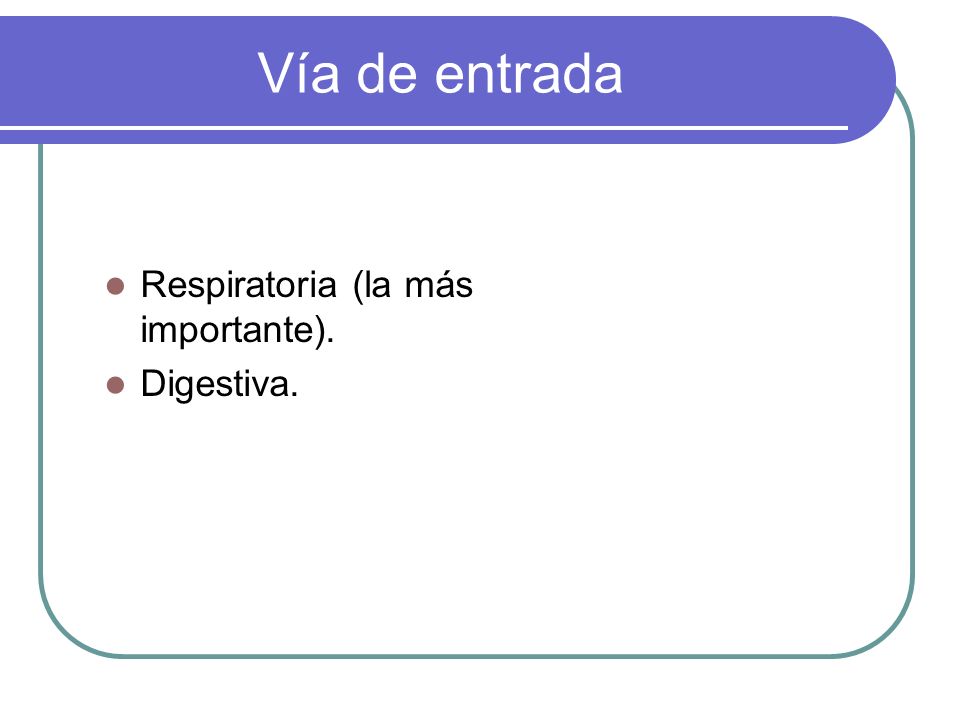 Vía de entrada Respiratoria (la más importante). Digestiva.