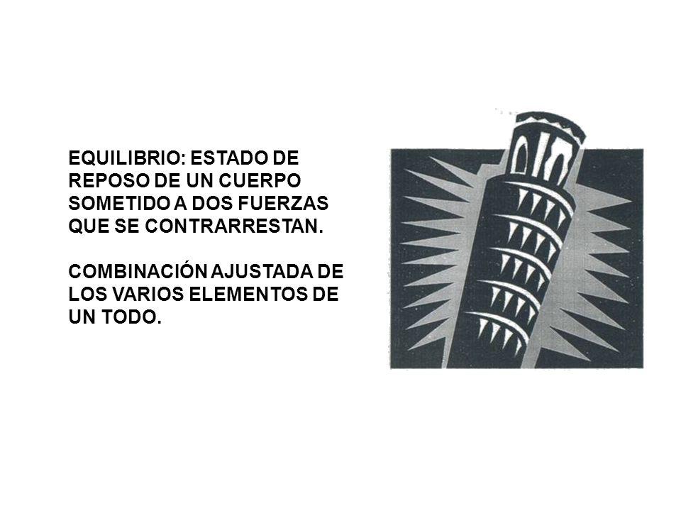 EQUILIBRIO: ESTADO DE REPOSO DE UN CUERPO SOMETIDO A DOS FUERZAS QUE SE CONTRARRESTAN.