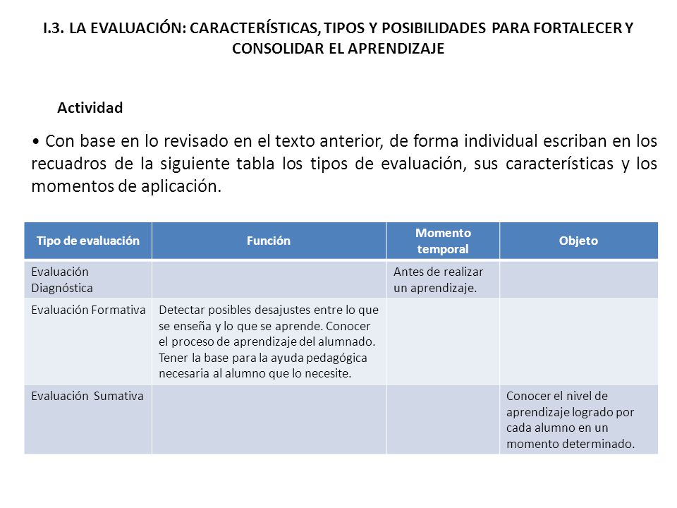 I.3. LA EVALUACIÓN: CARACTERÍSTICAS, TIPOS Y POSIBILIDADES PARA FORTALECER Y CONSOLIDAR EL APRENDIZAJE