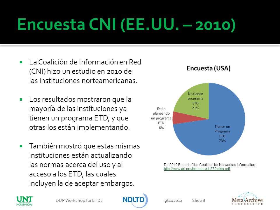 Encuesta CNI (EE.UU. – 2010) La Coalición de Información en Red (CNI) hizo un estudio en 2010 de las instituciones norteamericanas.