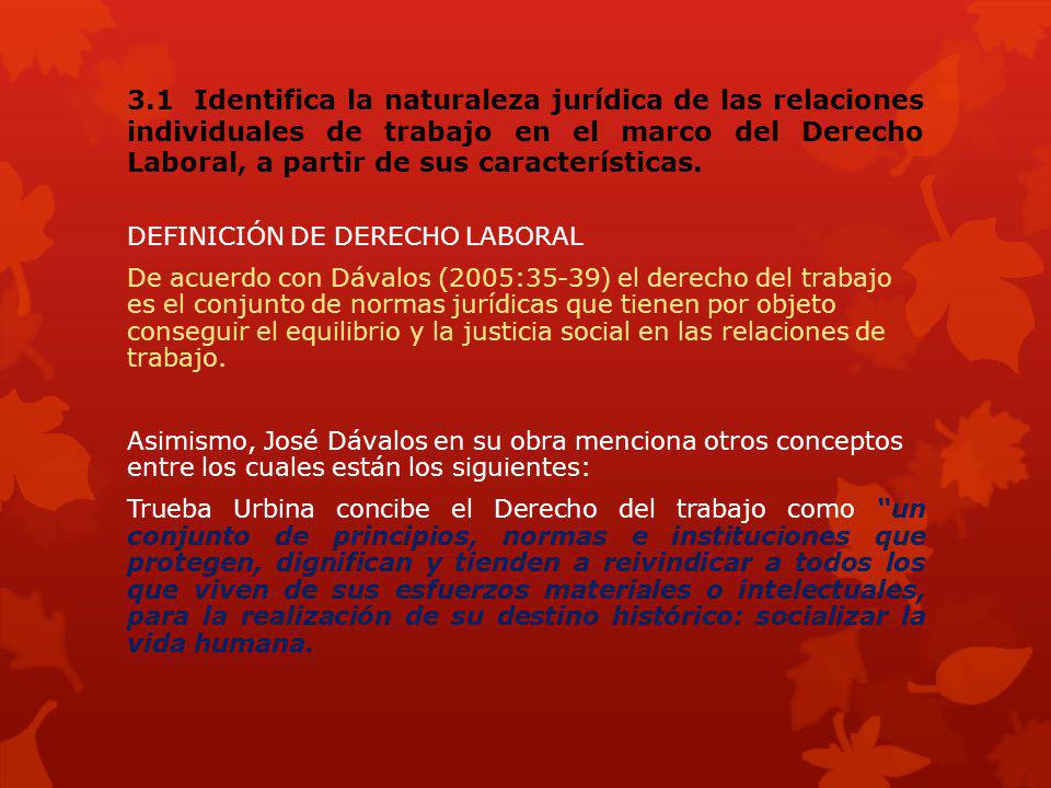 3.1 Identifica la naturaleza jurídica de las relaciones individuales de trabajo en el marco del Derecho Laboral, a partir de sus características.