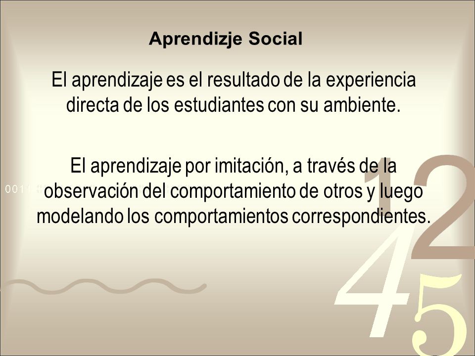 Aprendizje Social El aprendizaje es el resultado de la experiencia directa de los estudiantes con su ambiente.