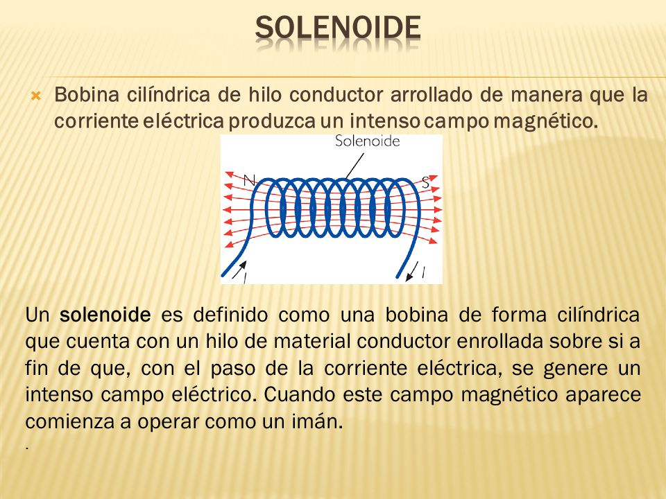 solenoide Bobina cilíndrica de hilo conductor arrollado de manera que la corriente eléctrica produzca un intenso campo magnético.