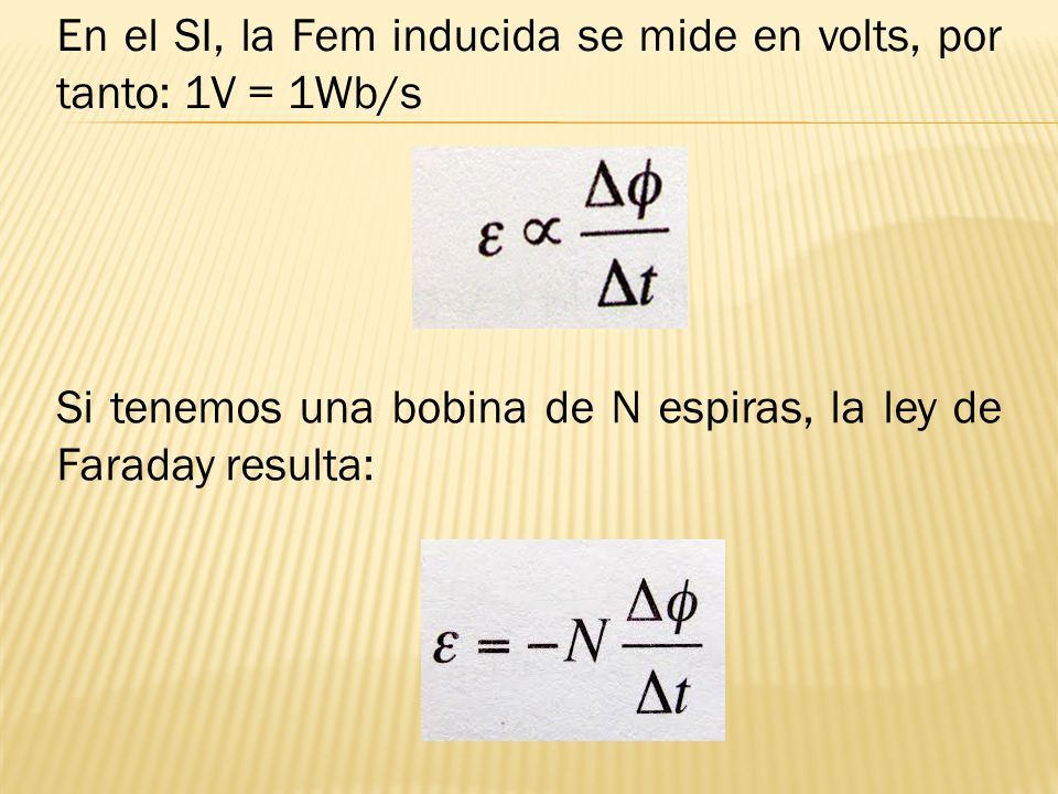En el SI, la Fem inducida se mide en volts, por tanto: 1V = 1Wb/s