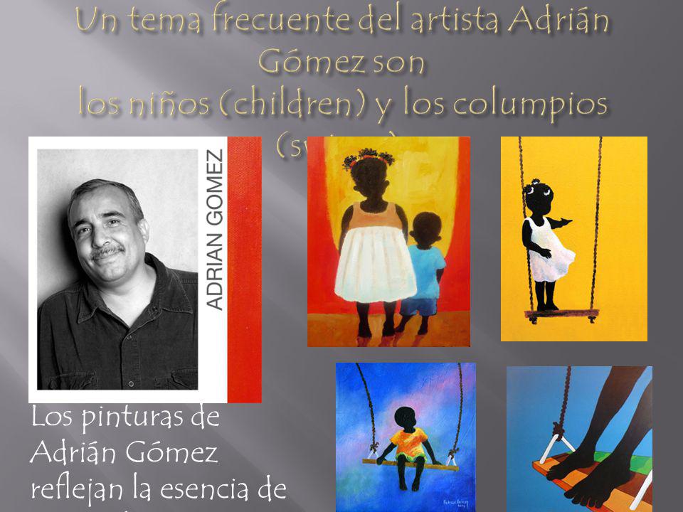 Un tema frecuente del artista Adrián Gómez son los niños (children) y los columpios (swings).