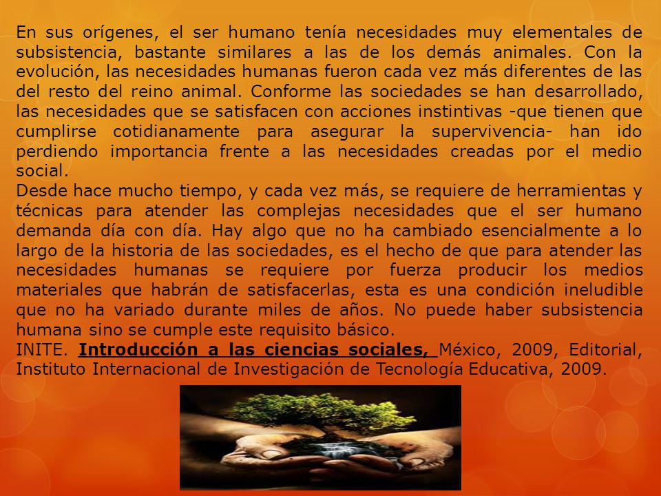 En sus orígenes, el ser humano tenía necesidades muy elementales de subsistencia, bastante similares a las de los demás animales. Con la evolución, las necesidades humanas fueron cada vez más diferentes de las del resto del reino animal. Conforme las sociedades se han desarrollado, las necesidades que se satisfacen con acciones instintivas -que tienen que cumplirse cotidianamente para asegurar la supervivencia- han ido perdiendo importancia frente a las necesidades creadas por el medio social.