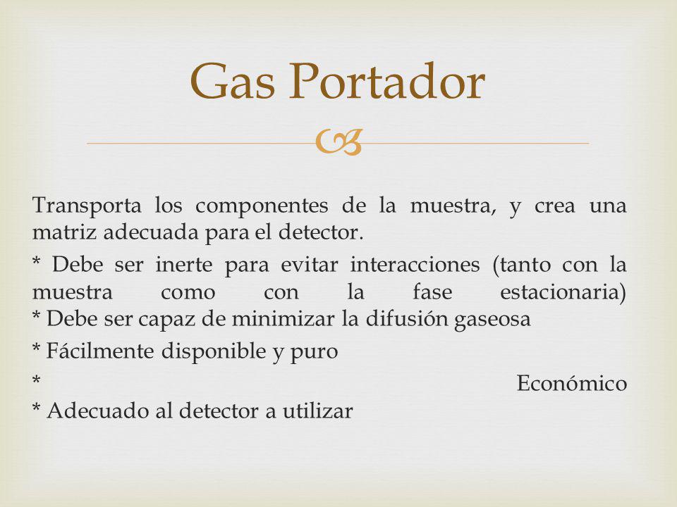 Gas Portador Transporta los componentes de la muestra, y crea una matriz adecuada para el detector.