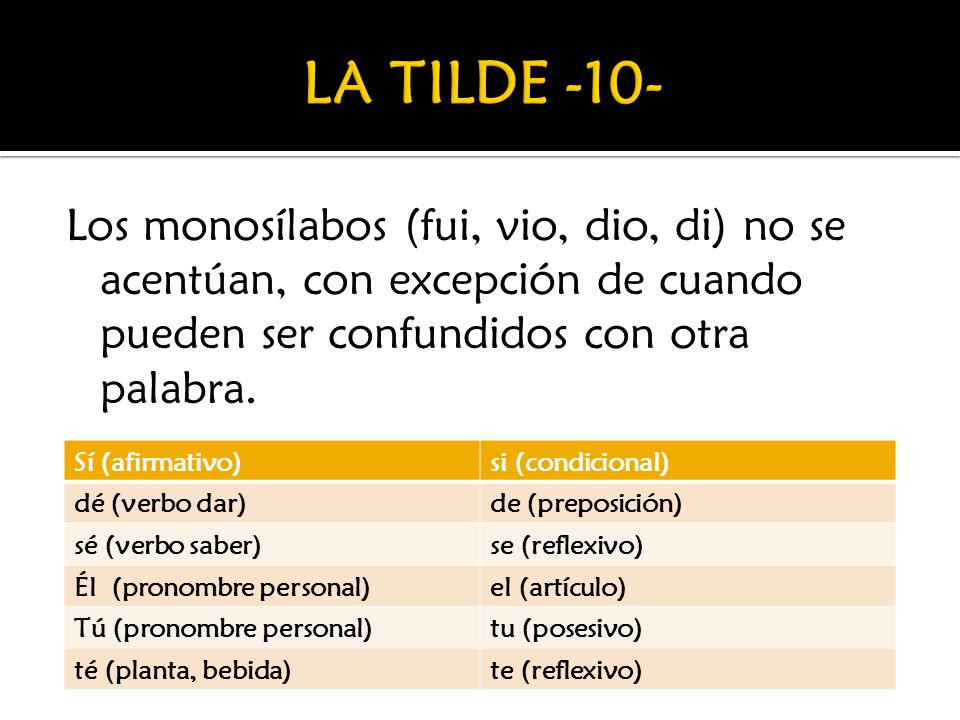 LA TILDE -10- Los monosílabos (fui, vio, dio, di) no se acentúan, con excepción de cuando pueden ser confundidos con otra palabra.