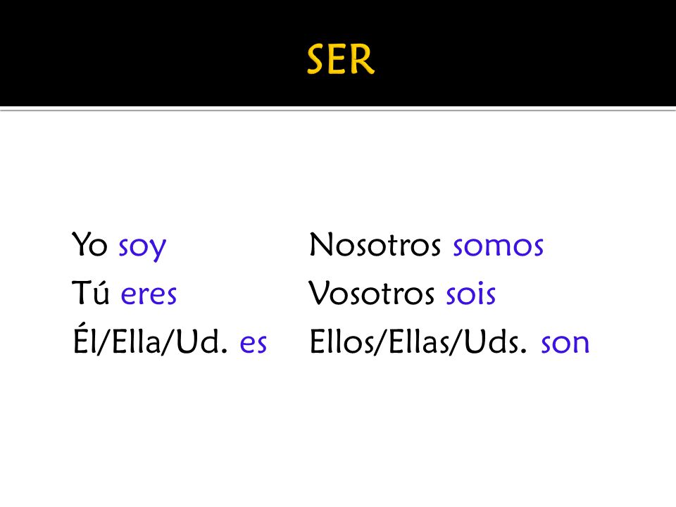 SER Yo soy Nosotros somos Tú eres Vosotros sois Él/Ella/Ud. es Ellos/Ellas/Uds. son