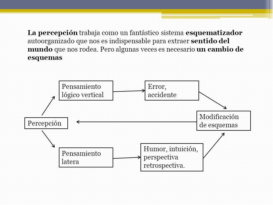 La percepción trabaja como un fantástico sistema esquematizador autoorganizado que nos es indispensable para extraer sentido del mundo que nos rodea. Pero algunas veces es necesario un cambio de esquemas