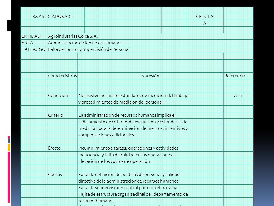 XX ASOCIADOS S.C. CEDULA. A. ENTIDAD. Agroindustrias Colca S.A. AREA. Administracion de Recursos Humanos.