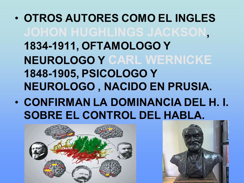 OTROS AUTORES COMO EL INGLES JOHON HUGHLINGS JACKSON, , OFTAMOLOGO Y NEUROLOGO Y CARL WERNICKE , PSICOLOGO Y NEUROLOGO , NACIDO EN PRUSIA.