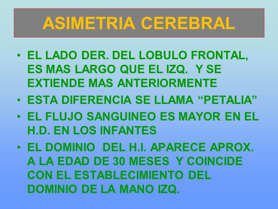 ASIMETRIA CEREBRAL EL LADO DER. DEL LOBULO FRONTAL, ES MAS LARGO QUE EL IZQ. Y SE EXTIENDE MAS ANTERIORMENTE.