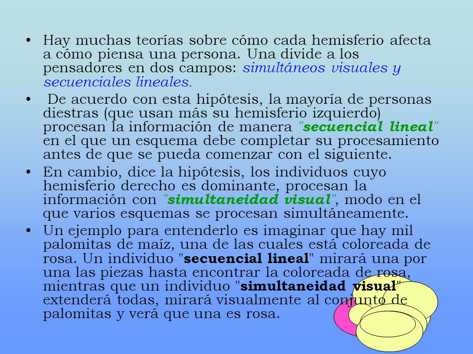 Hay muchas teorías sobre cómo cada hemisferio afecta a cómo piensa una persona. Una divide a los pensadores en dos campos: simultáneos visuales y secuenciales lineales.