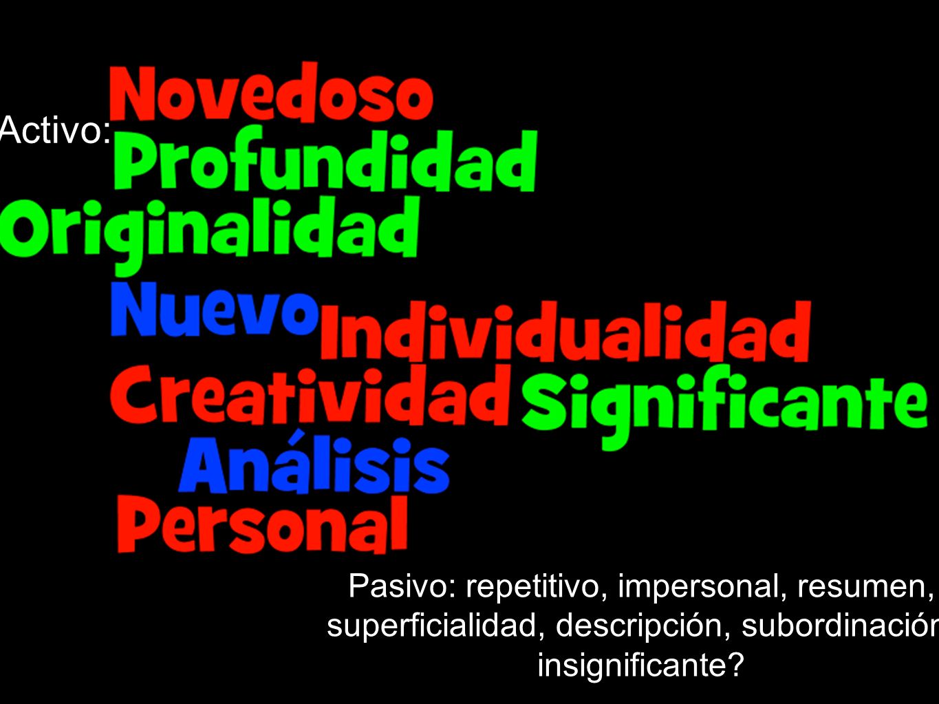 Activo: Pasivo: repetitivo, impersonal, resumen, superficialidad, descripción, subordinación, insignificante