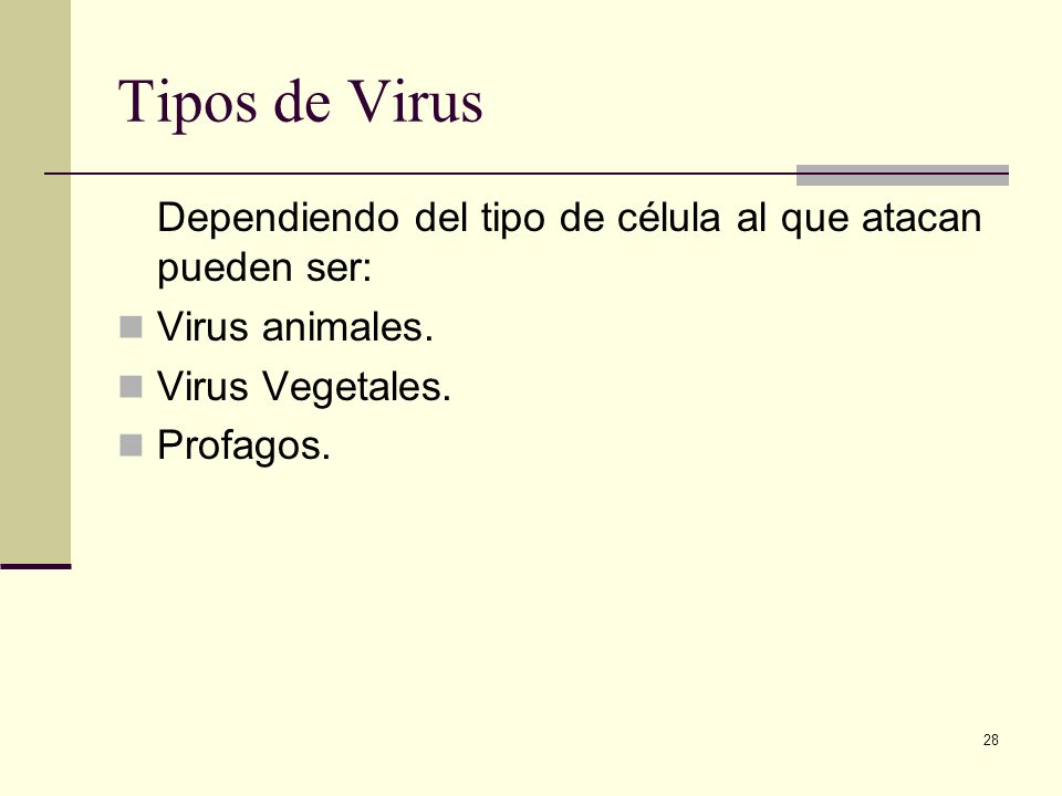 Tipos de Virus Dependiendo del tipo de célula al que atacan pueden ser: Virus animales. Virus Vegetales.
