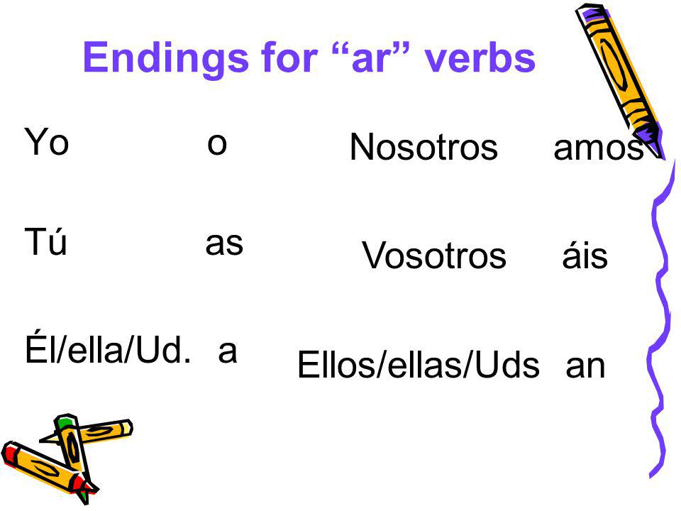 Endings for ar verbs Yo o Tú as Él/ella/Ud. a Nosotros amos