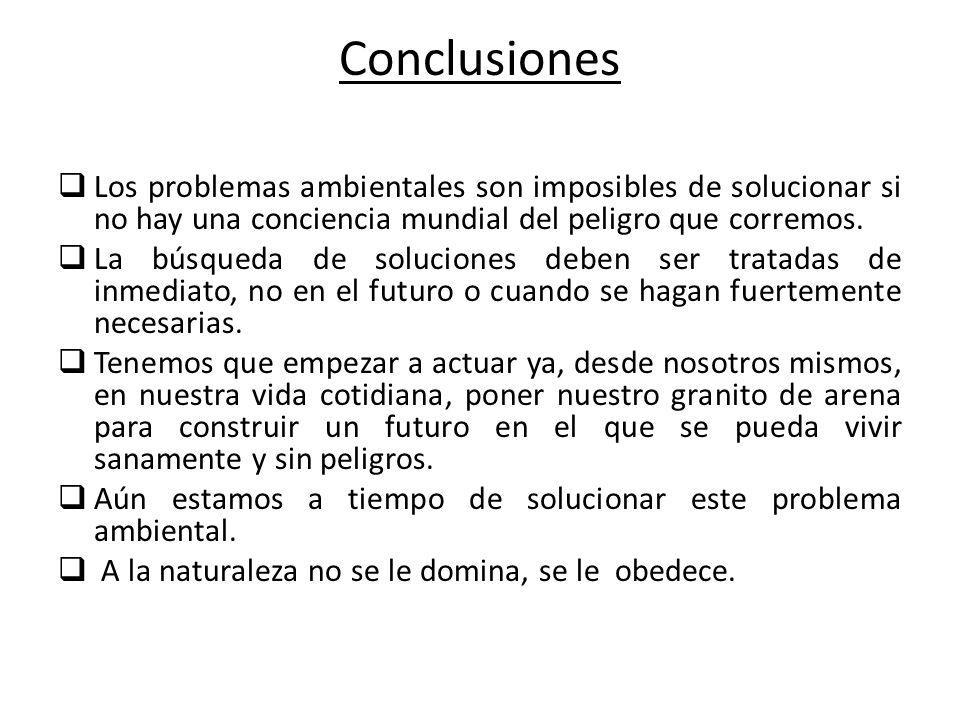 Conclusiones Los problemas ambientales son imposibles de solucionar si no hay una conciencia mundial del peligro que corremos.