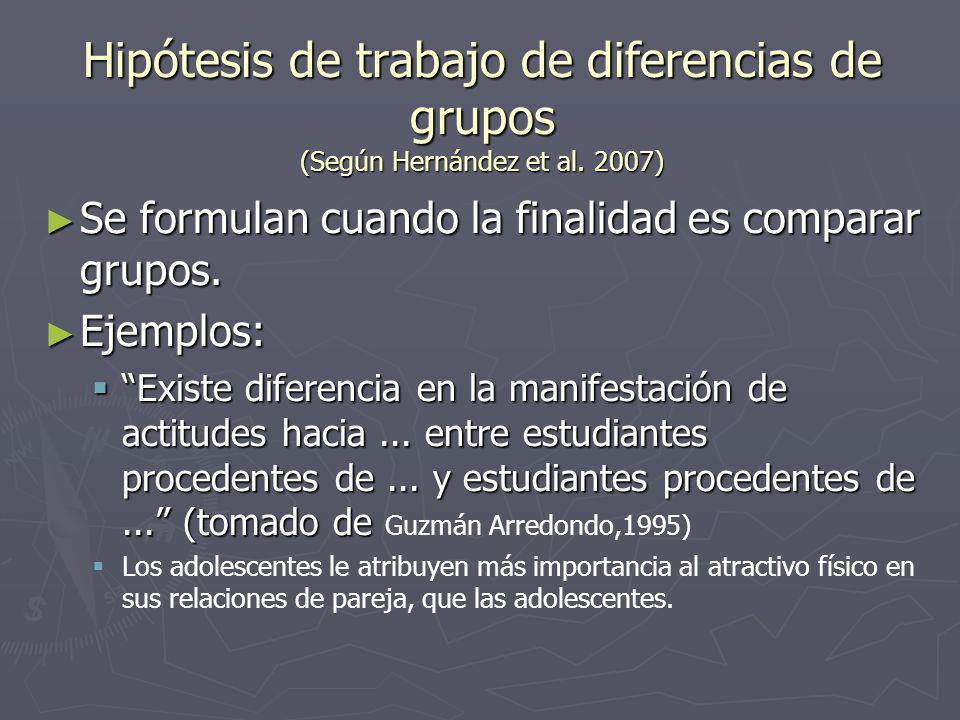 Hipótesis de trabajo de diferencias de grupos (Según Hernández et al