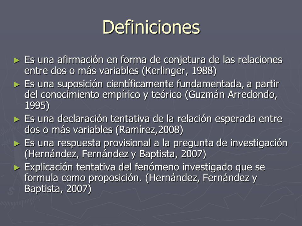 Definiciones Es una afirmación en forma de conjetura de las relaciones entre dos o más variables (Kerlinger, 1988)