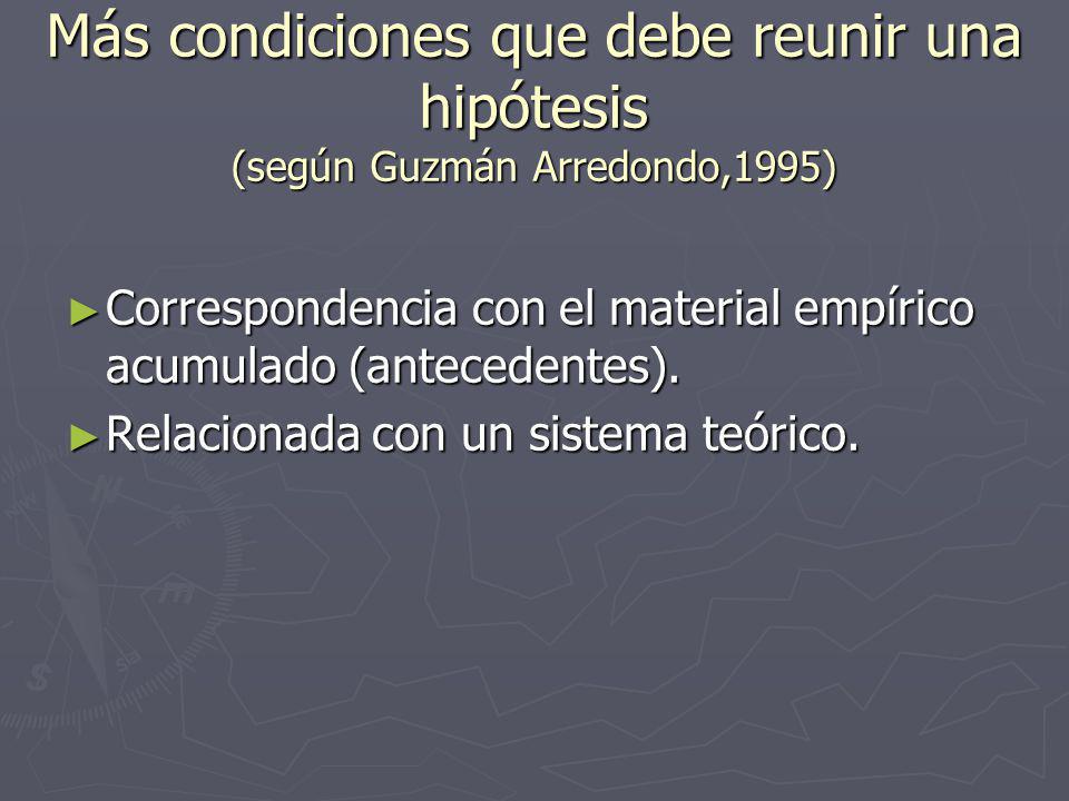 Más condiciones que debe reunir una hipótesis (según Guzmán Arredondo,1995)