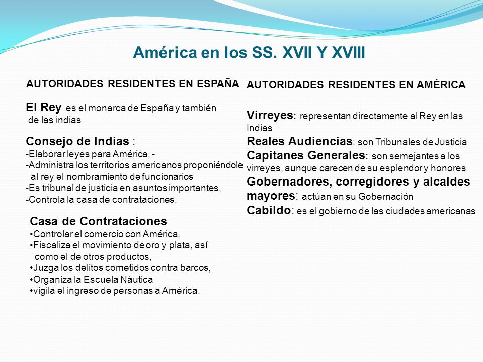 América en los SS. XVII Y XVIII AUTORIDADES RESIDENTES EN ESPAÑA