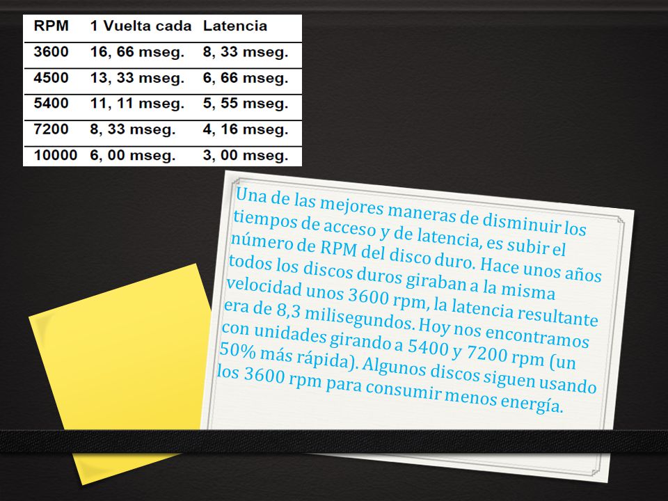 Una de las mejores maneras de disminuir los tiempos de acceso y de latencia, es subir el número de RPM del disco duro.