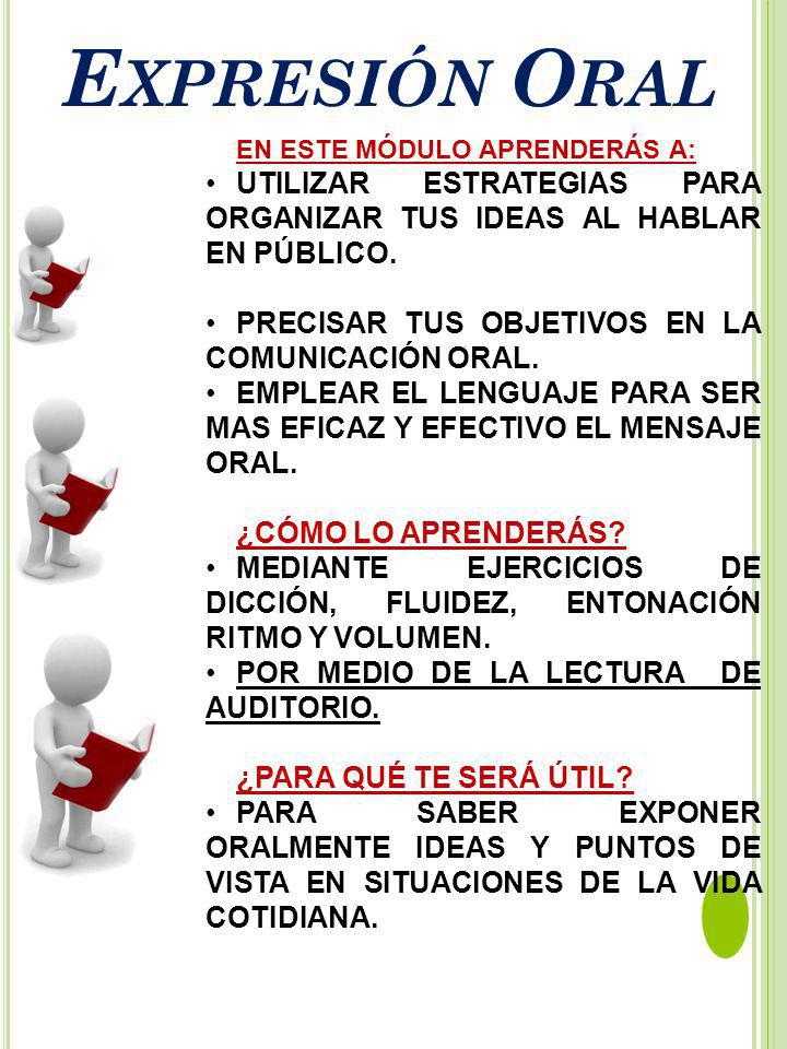 Expresión Oral EN ESTE MÓDULO APRENDERÁS A: UTILIZAR ESTRATEGIAS PARA ORGANIZAR TUS IDEAS AL HABLAR EN PÚBLICO.