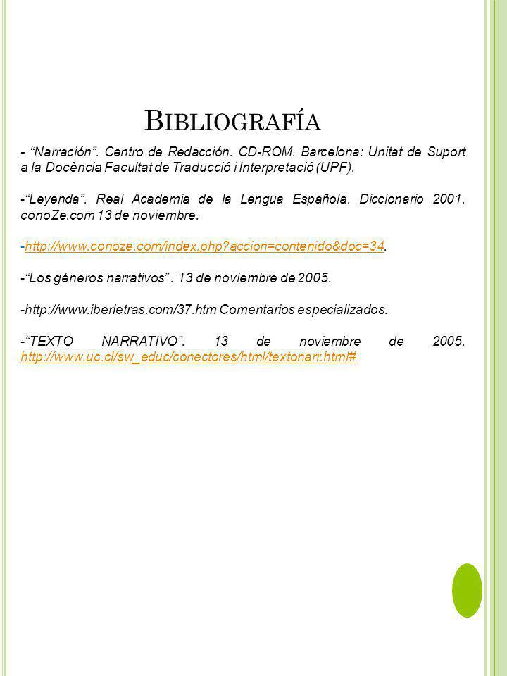 Bibliografía - Narración . Centro de Redacción. CD-ROM. Barcelona: Unitat de Suport a la Docència Facultat de Traducció i Interpretació (UPF).
