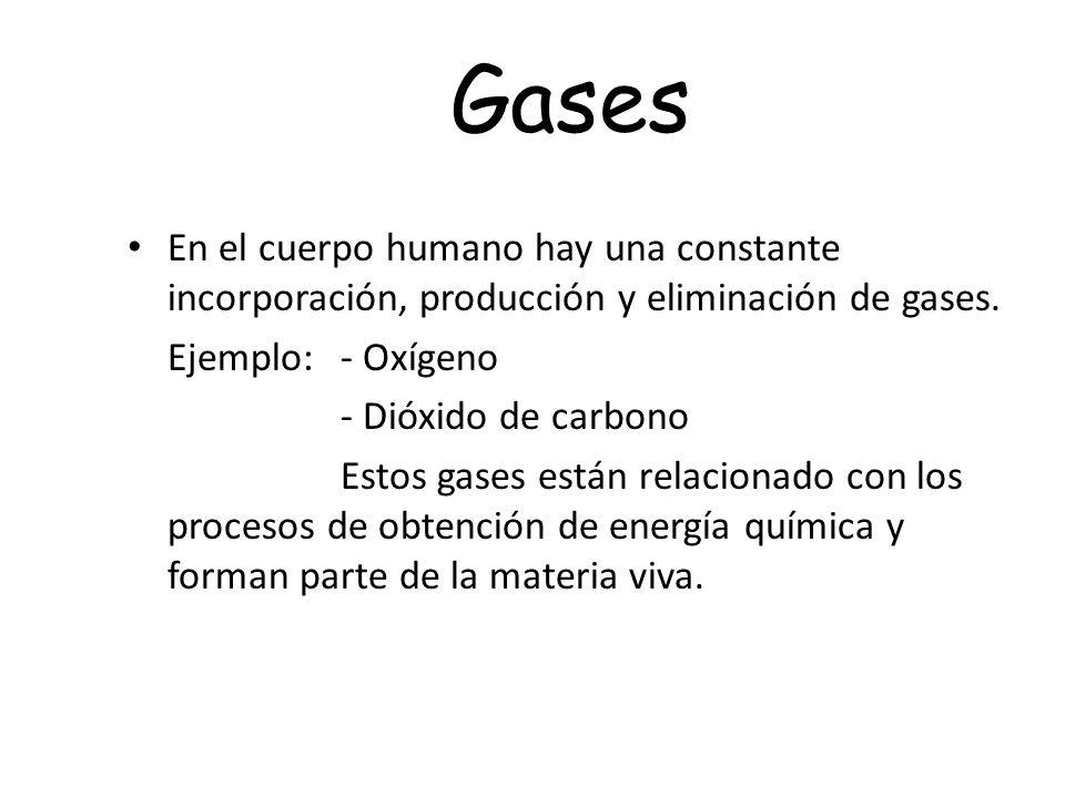 Gases En el cuerpo humano hay una constante incorporación, producción y eliminación de gases. Ejemplo: - Oxígeno.
