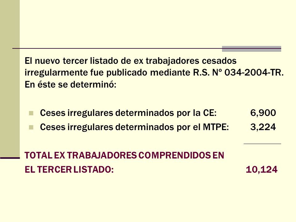 El nuevo tercer listado de ex trabajadores cesados irregularmente fue publicado mediante R.S. Nº TR. En éste se determinó: