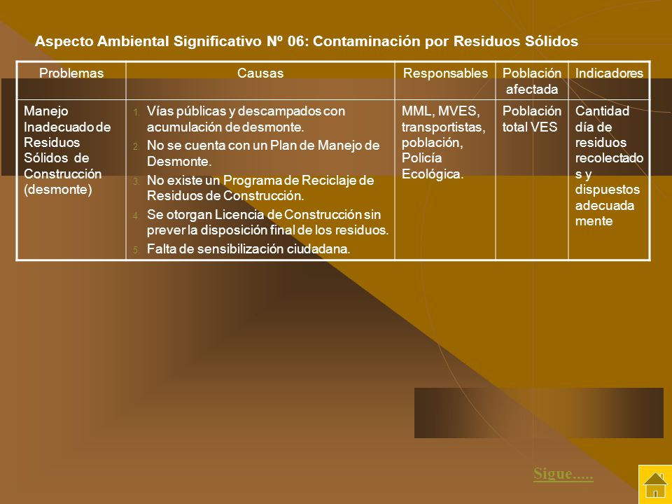 Aspecto Ambiental Significativo Nº 06: Contaminación por Residuos Sólidos