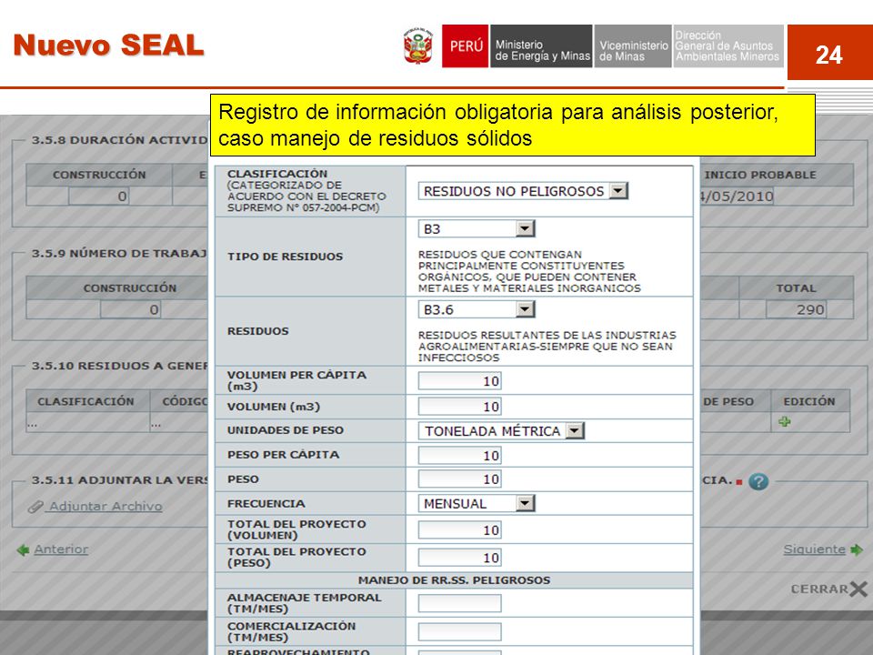 Nuevo SEAL Registro de información obligatoria para análisis posterior, caso manejo de residuos sólidos.