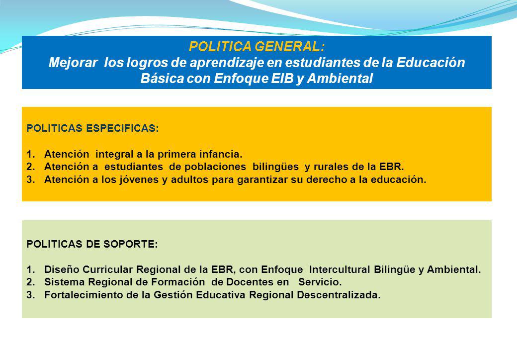 POLITICA GENERAL: Mejorar los logros de aprendizaje en estudiantes de la Educación Básica con Enfoque EIB y Ambiental.