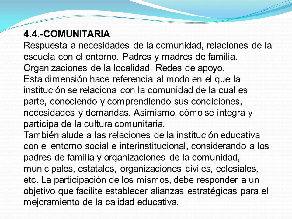 4.4.-COMUNITARIA Respuesta a necesidades de la comunidad, relaciones de la escuela con el entorno. Padres y madres de familia.