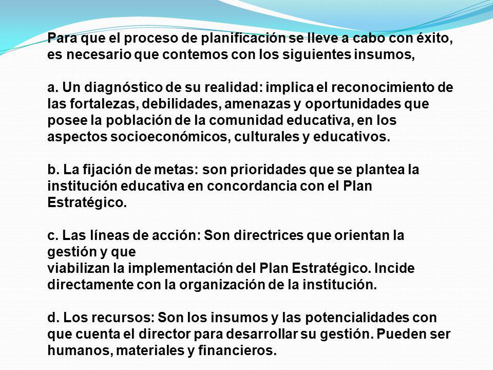 Para que el proceso de planificación se lleve a cabo con éxito, es necesario que contemos con los siguientes insumos,