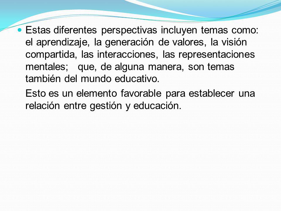 Estas diferentes perspectivas incluyen temas como: el aprendizaje, la generación de valores, la visión compartida, las interacciones, las representaciones mentales; que, de alguna manera, son temas también del mundo educativo.