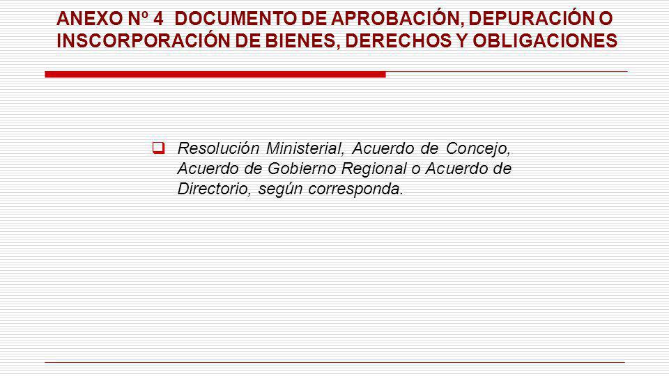 ANEXO Nº 4 DOCUMENTO DE APROBACIÓN, DEPURACIÓN O INSCORPORACIÓN DE BIENES, DERECHOS Y OBLIGACIONES